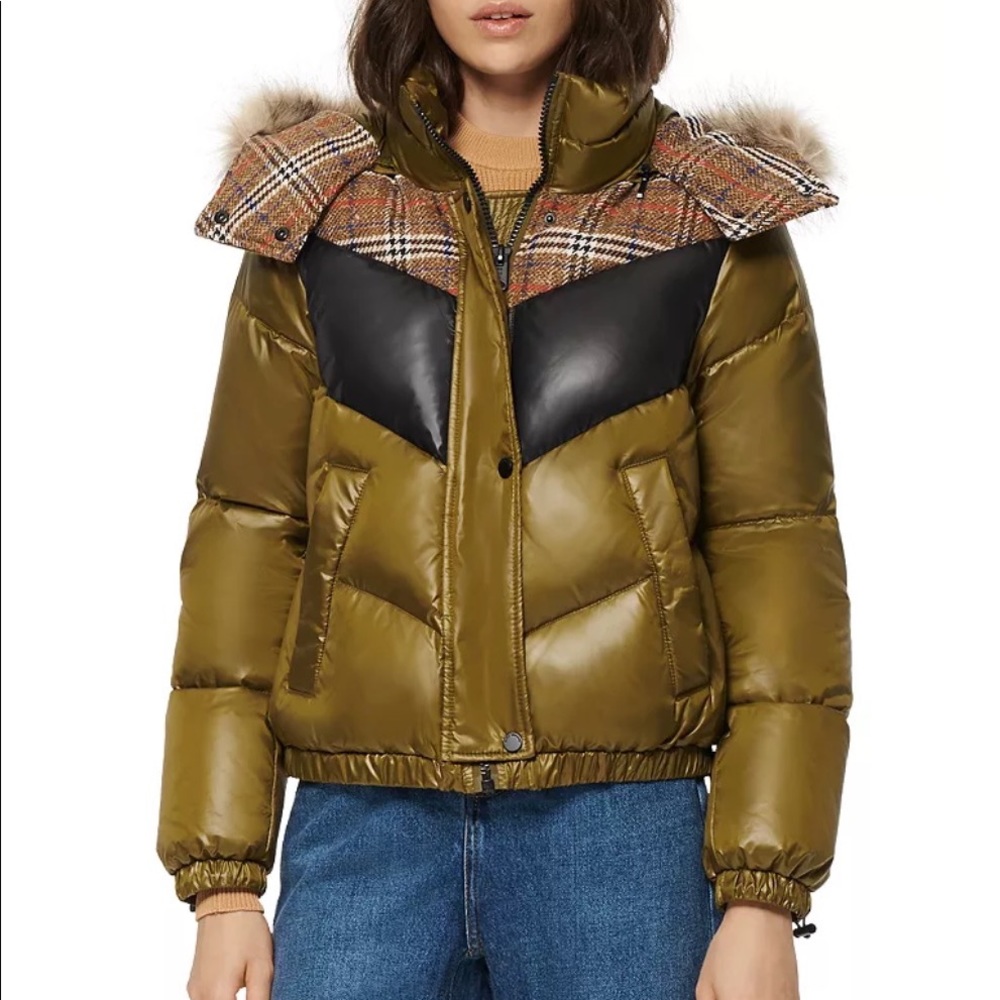 Andrew Marc Nadir puffer jacket w/ plaid and fur trim